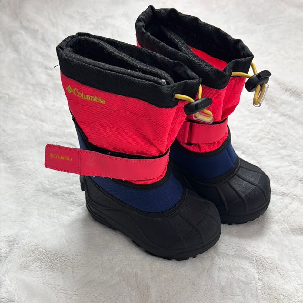 Columbia Kids' bright pink, blue and Black Snow Boots